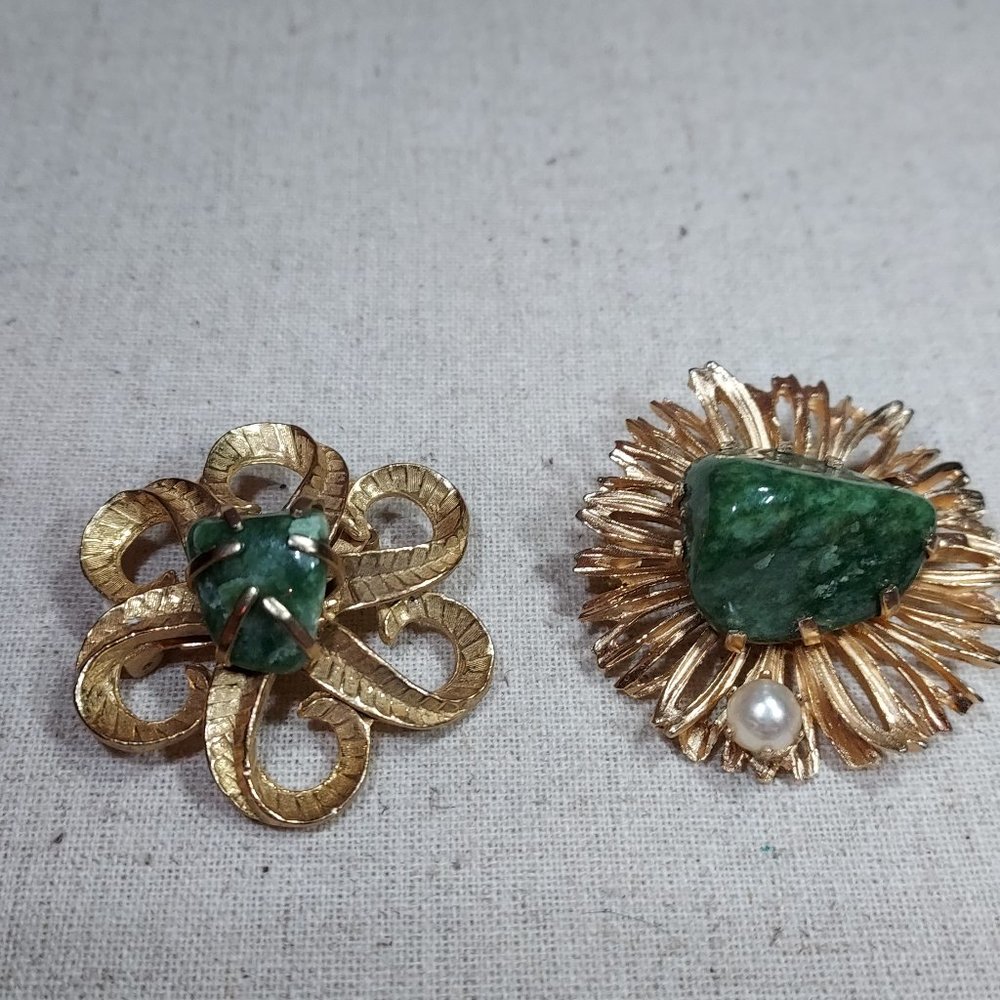 Two Aventurine Gold tone Pins LOT One is marked Kramer